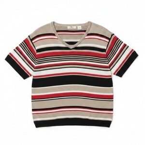 NWB Casuals Short Sleeve V-Neck Knit‎ Top, Womens XL Red Black Tan Striped Shirt